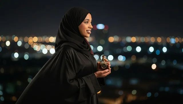 امرأة خليجية تمسك زجاجة عطر في الليل