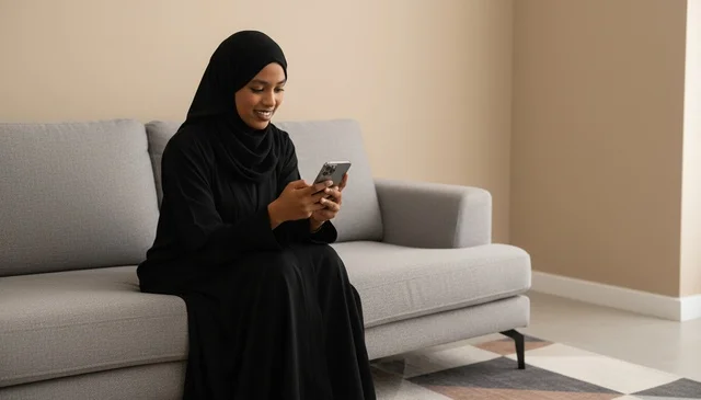 امرأة إماراتية بالعباءة السوداء تستخدم الهاتف على الأريكة