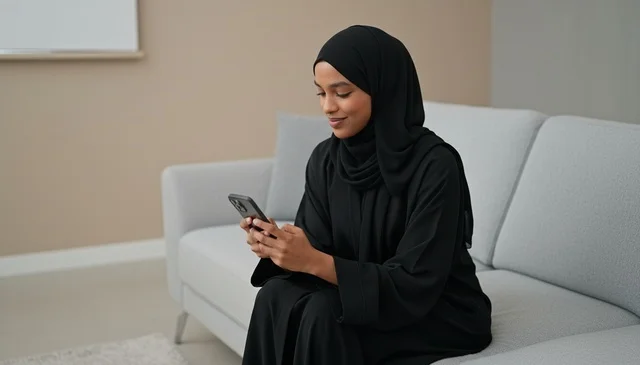 Emirati Woman in Abaya Using Smartphone on Gray Sofa