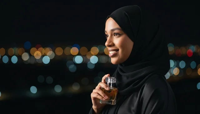 امرأة سعودية بالحجاب تحمل زجاجة عطر في الليل