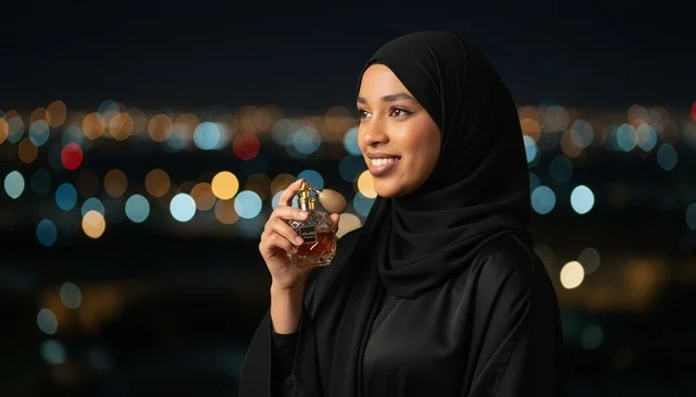 Saudi Woman in Abaya Holding Perfume at Night