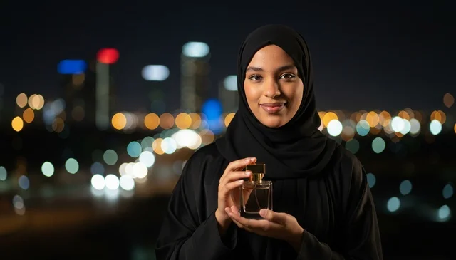 Arab Woman Holding Luxury Perfume in Night City