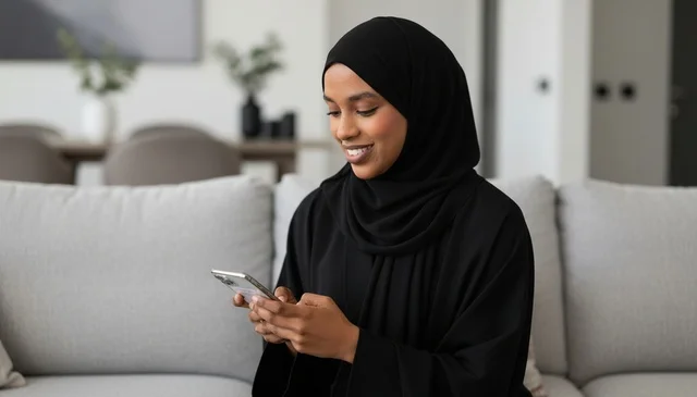 امرأة إماراتية بالعباءة تستخدم الهاتف الذكي في المنزل