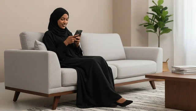 امرأة سعودية بالعباءة تستخدم الهاتف على الأريكة