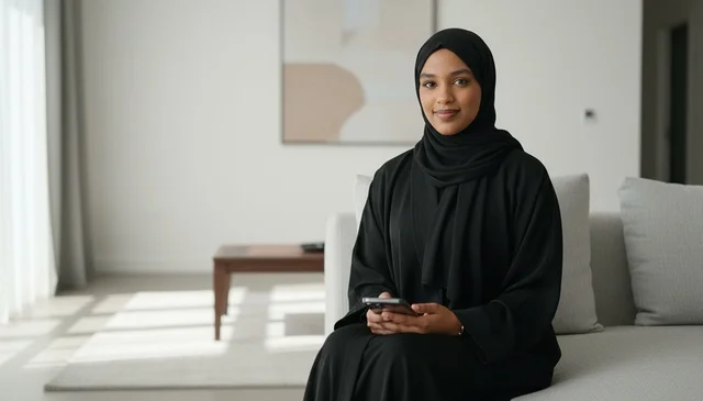 Emirati Woman in Abaya with Smartphone at Home