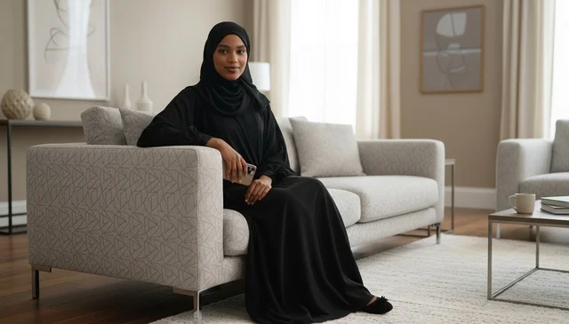 امرأة إماراتية بالعباءة السوداء في غرفة معيشة حديثة