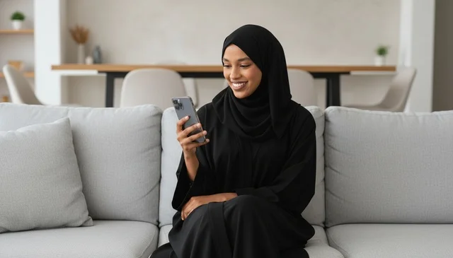 Emirati Woman in Abaya Using Smartphone on Sofa
