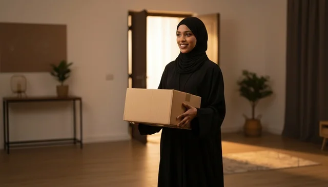 Arab Woman in Abaya Holding Parcel at Home