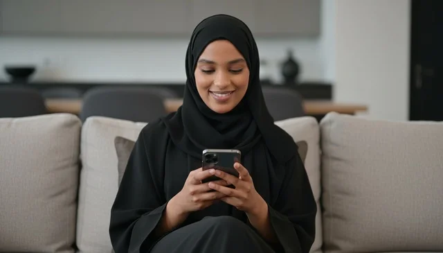 امرأة إماراتية بالعباءة تستخدم الهاتف في المنزل