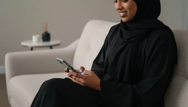 Emirati Woman in Black Abaya Using Smartphone at Home