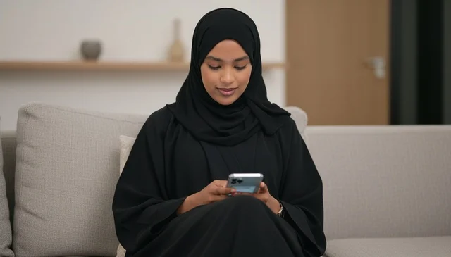 Emirati Woman in Abaya Using Smartphone at Home Emirati Woman in Abaya Using Smartphone at Home