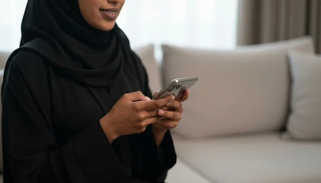 امرأة سعودية بالعباءة السوداء تستخدم الهاتف الذكي