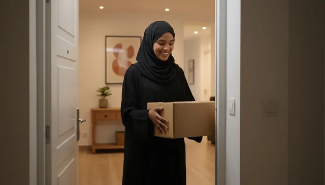 Saudi Woman Holding Delivery Parcel in Open Doorway
