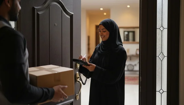 امرأة عربية توقع على استلام طرد عند باب المنزل