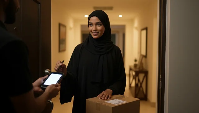امرأة سعودية تستلم طرد تسوق إلكتروني في المنزل