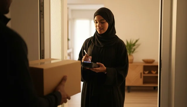Arab Woman Receiving Delivery Package with POS Terminal