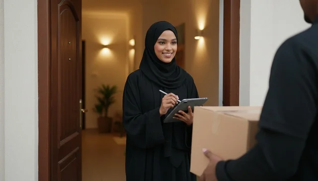 Arab Woman Signing for Delivery on Tablet at Home