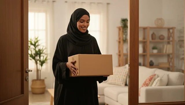 امرأة إماراتية تستلم صندوق شحن في المنزل