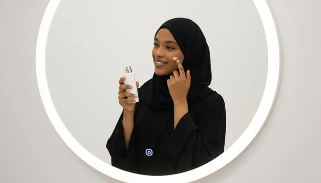امرأة أفريقية بالعباءة تستخدم كريم الوجه أمام المرآة