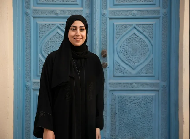 Saudi Woman in Black Abaya by Traditional Blue Door