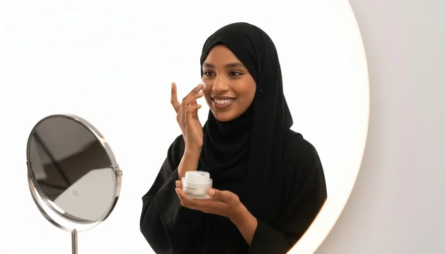 امرأة صومالية ترتدي الحجاب تضع كريم الوجه أمام المرآة
