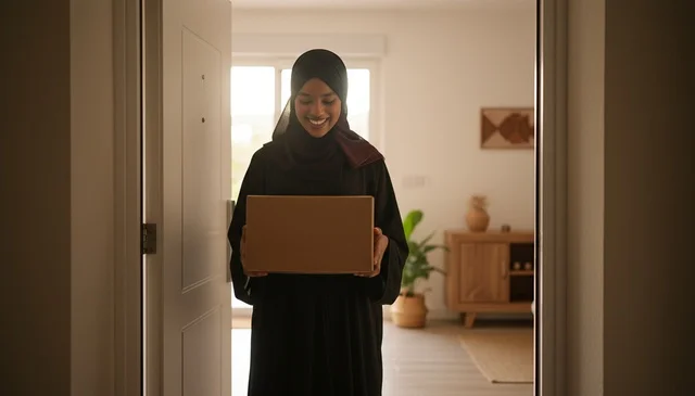 امرأة أفريقية بالعباءة تحمل صندوق توصيل في المنزل