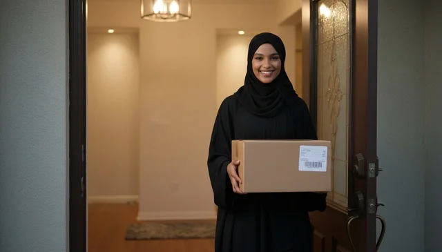 امرأة عربية تحمل طرد توصيل عند باب المنزل