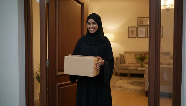 Emirati Woman Receiving Delivery Box at Home Entrance