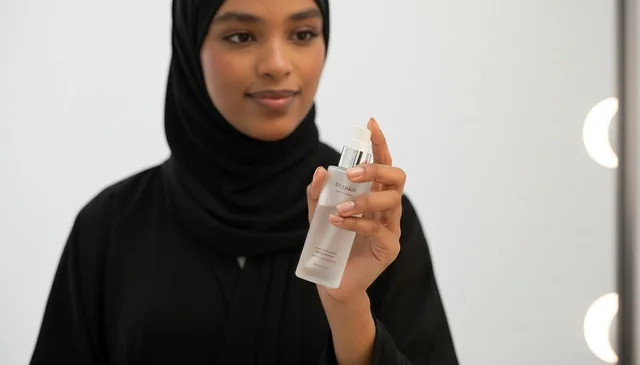 African Muslim Woman Using Skincare Spray Bottle