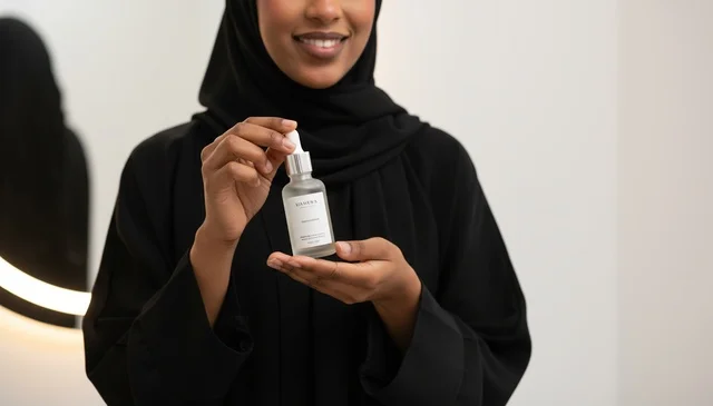 Saudi Woman in Abaya Holding Skincare Serum Bottle