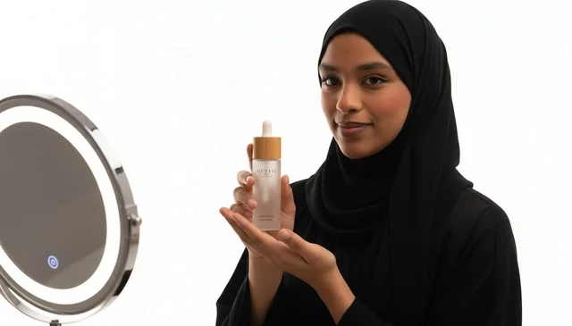 Arab Woman Holding Skincare Serum Bottle in Studio