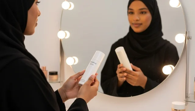 Emirati Woman Skincare Product Vanity Mirror Reflection