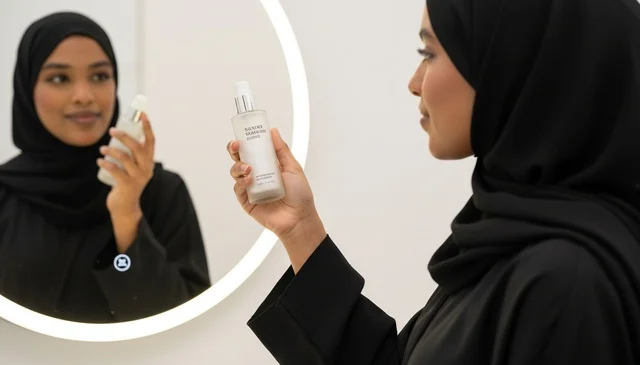 امرأة عربية بالحجاب تحمل منتج عناية بالبشرة