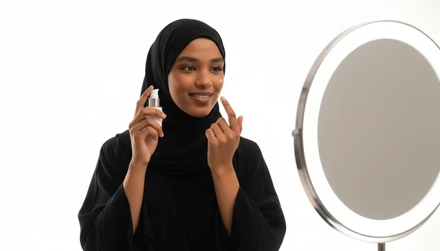 سيدة أفريقية بالحجاب تضع منتجات العناية بالبشرة أمام المرآة
