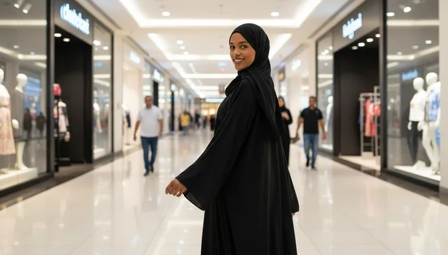 امرأة أفريقية بالعباءة السوداء في مجمع تجاري حديث