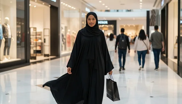 امرأة سعودية بعباءة سوداء تتسوق في مجمع تجاري