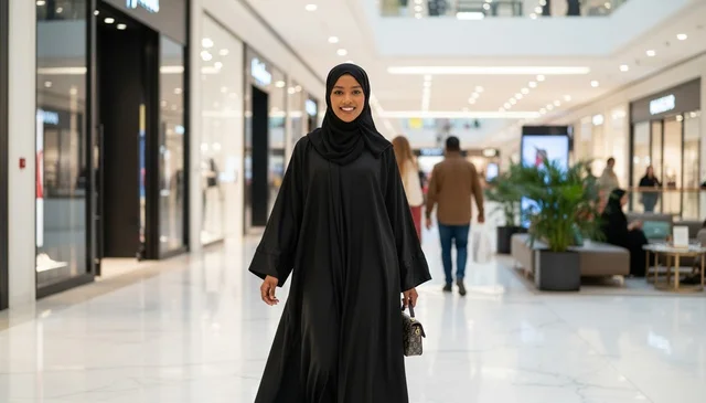 Emirati Woman in Black Abaya Walking in Modern Mall