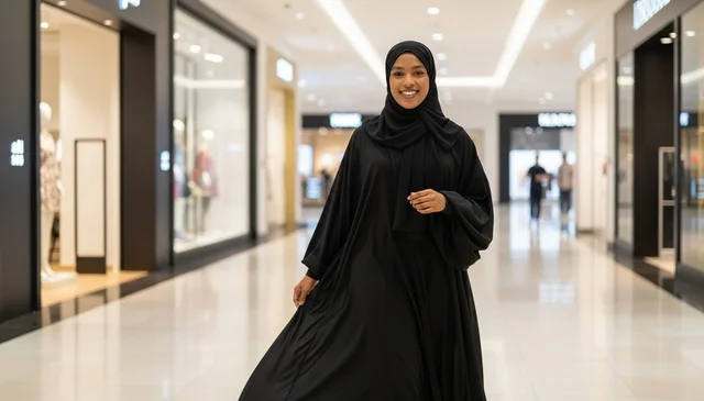 Smiling Somali Woman in Black Abaya at Shopping Mall