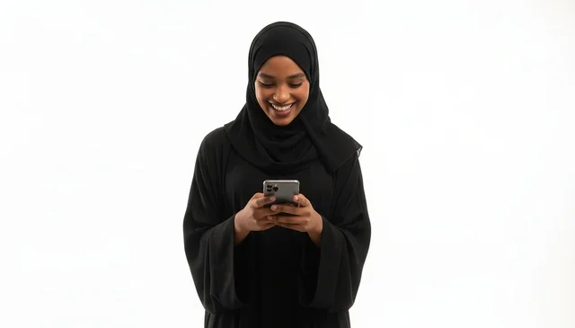 امرأة سعودية بالعباءة السوداء تستخدم الجوال
