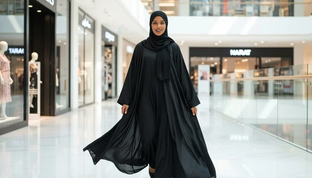 Saudi Woman in Black Abaya Walking in Modern Mall