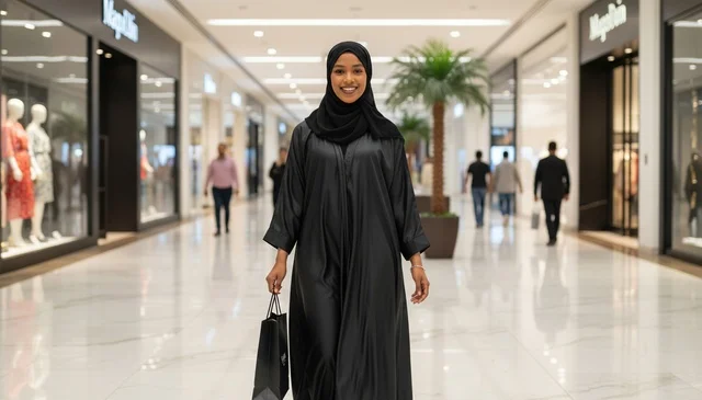 امرأة عربية بالعباءة تتسوق في مركز تجاري حديث