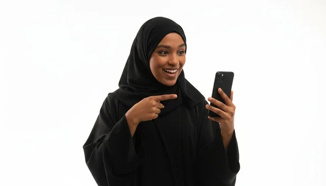 Sudanese Woman in Abaya Pointing at Smartphone Studio