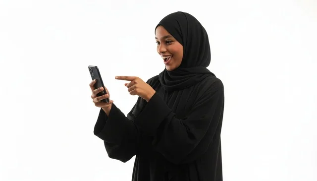 Excited Afro-Arab Woman Pointing at Smartphone