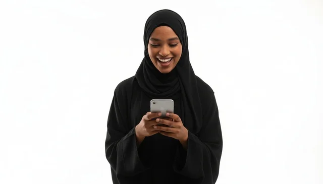 African Woman in Black Abaya Holding Smartphone