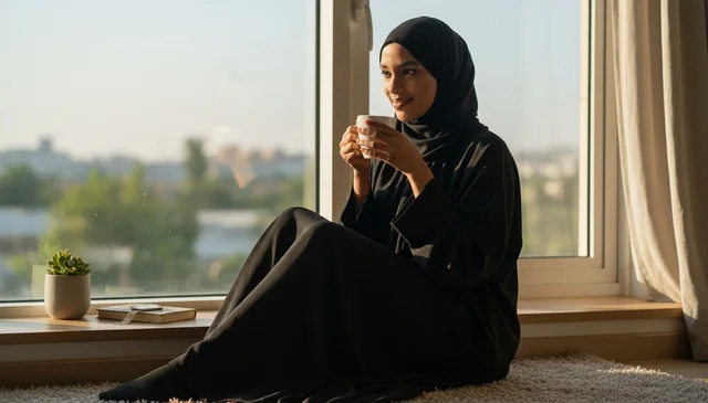 Emirati Woman in Abaya Drinking Coffee by Window