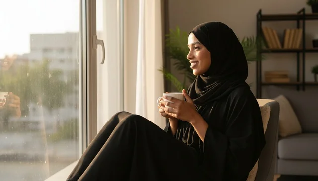 Arab Woman in Black Abaya Drinking Coffee by a Window