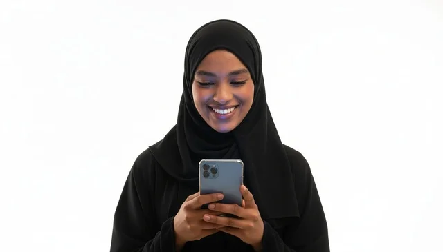 امرأة إماراتية بالعباءة تستخدم الهاتف الذكي خلفية بيضاء