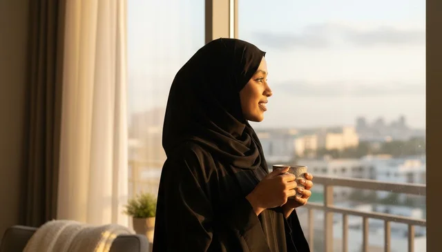 امرأة سعودية بالعباءة على الشرفة وقت الغروب