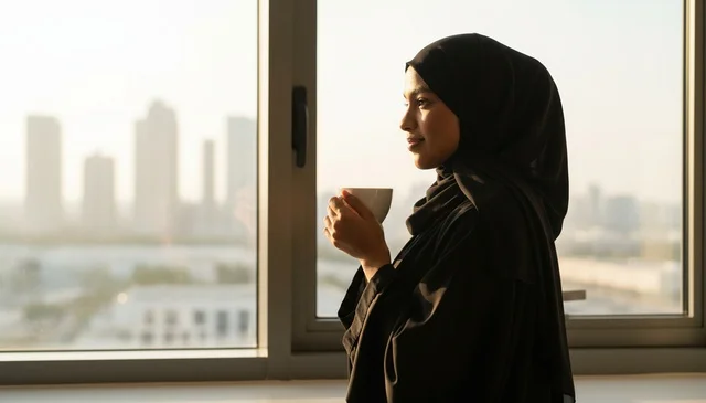 امرأة عربية بالعباءة مع كوب قهوة أمام النافذة امرأة عربية بالعباءة مع كوب قهوة أمام النافذة