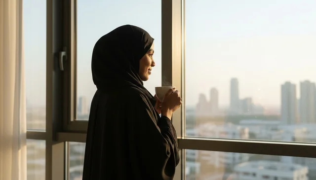 امرأة إماراتية ترتدي العباءة أمام نافذة في وقت الغروب